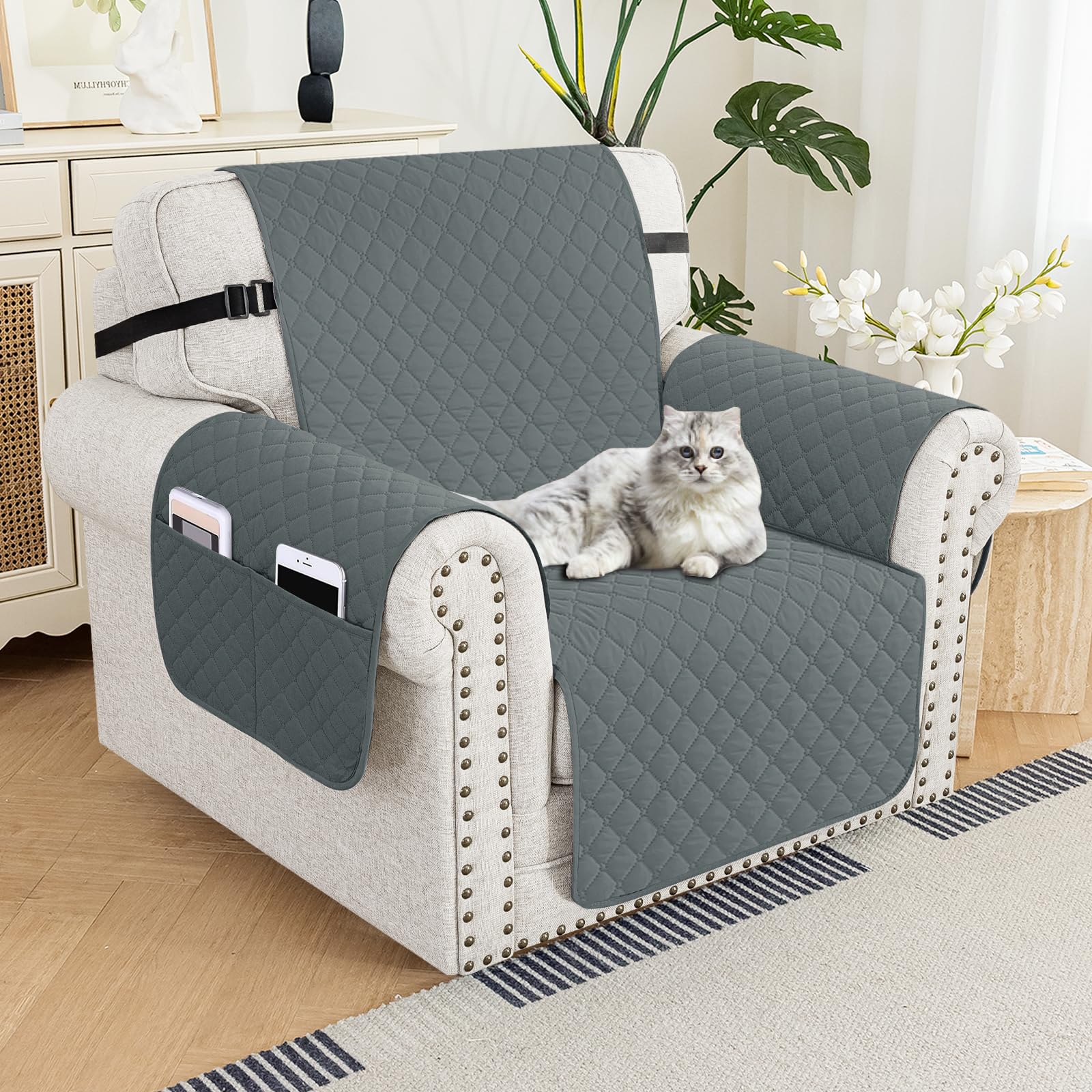 Photo 1 of XINEAGE Quilted Chair Sofa Cover Waterproof Chair Covers for Armchair, Super Soft Washable Slipcover with Pockets & Non-Slip Elastic Straps, Thick Furniture Protector (Dark Grey)