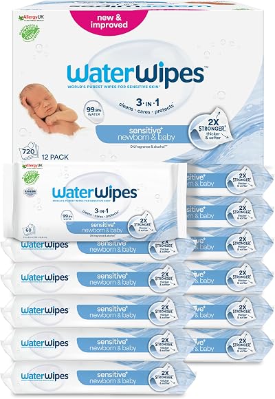 WaterWipes Sensitive+ Newborn Baby Wipes 720 Count 12 Packs 99.9% Water