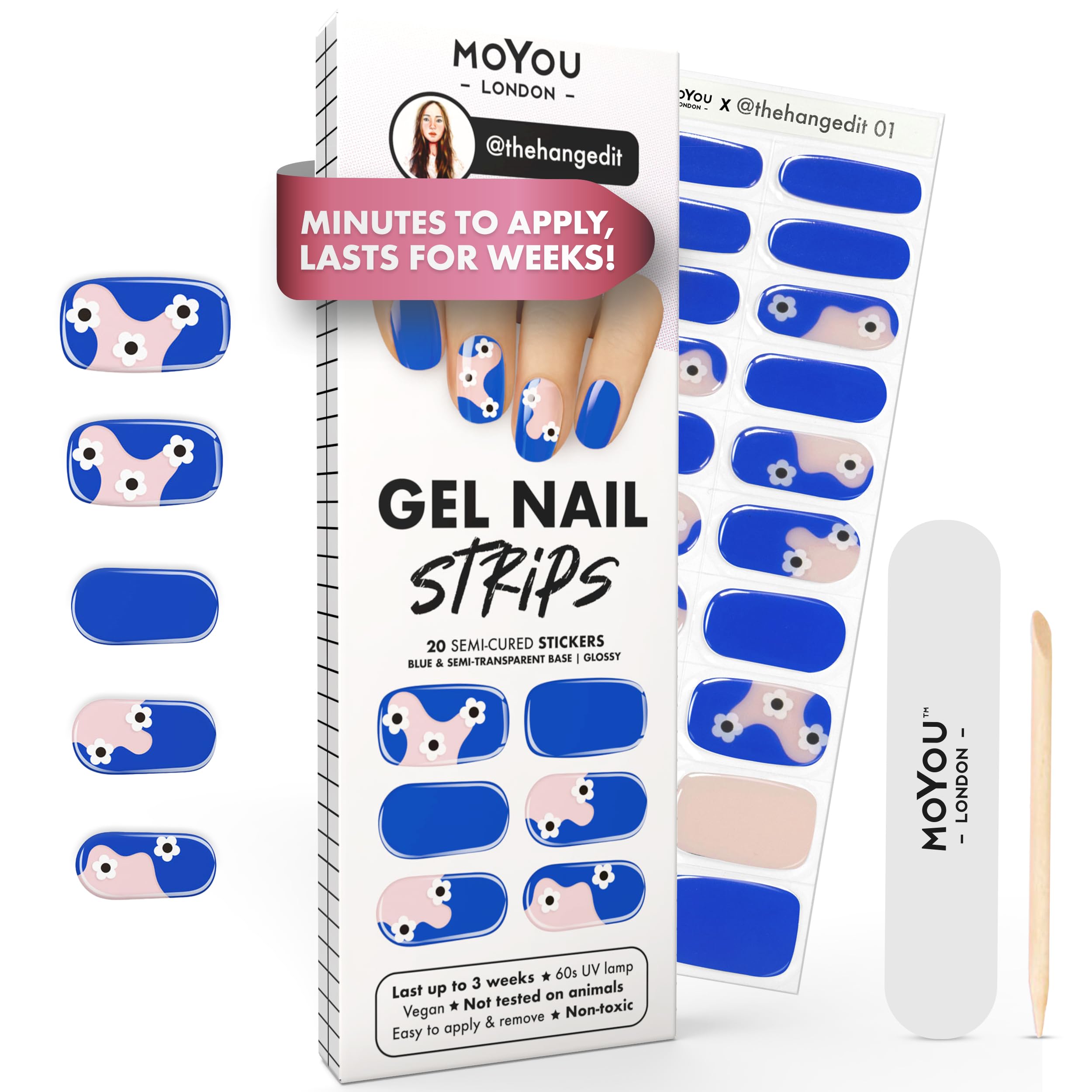 MOYOU LONDON Semi Cured Gel Nail Strips - 20 Pcs. Waterproof Gel Nail Wraps, Cures in Sunlight or UV/LED Lamp, Lasts Up to 2+ Weeks, Stretchable, Easy to Apply & Remove, Vegan & Cruelty-Free