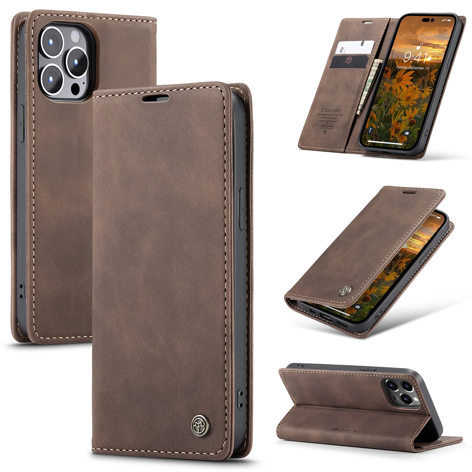 UFinetech Case for iPhone 14 Pro, Shockproof Anti-scratch Cover with iPhone 14 Pro (6.1”), Leather TPU Slim Soft Flip Folio Magnetic Closure Kickstand Card Holder Wallet 2-in-1 Camera Protector,Coffee