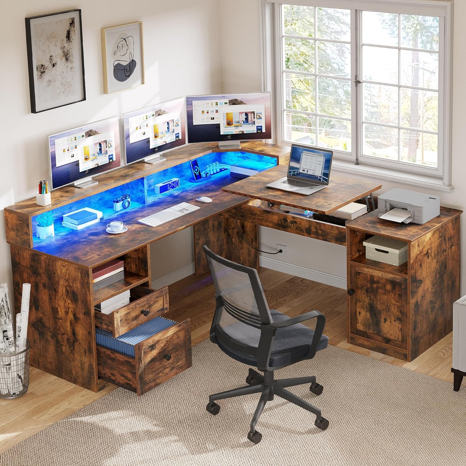 YITAHOME L Shaped Desk with Power Outlets & LED