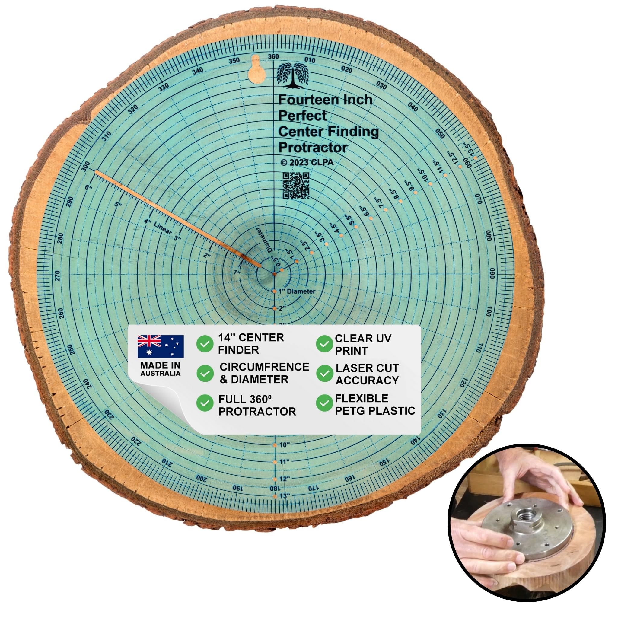 CLPA 14" Circle Center Finder Tool — Round Center Finder for Woodturning | Protractor, Circle Maker and Dowel Center Finder | Clear PETG | Made in Australia