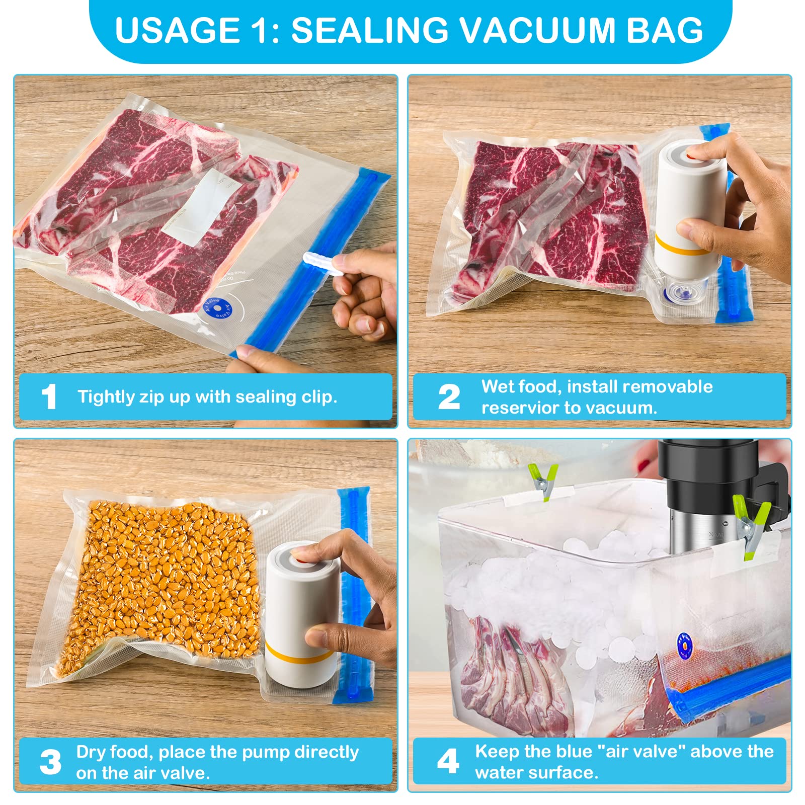 46 PCS Electric Vacuum Sealer, Sous Vide Bags, Handheld Mason Jar Vacuum Sealer & 15 PCS Reusable Vacuum Food Storage Bags for Anova, Joule Cookers, 4 Cooking Clips, 5 Sealing Clips