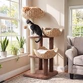 PAWZ Road Modern Cat Tree with Baskets, 44" Cat Tower for Indoor Cats,Brown | 3 Rattan Baskets (&empty;15.7") with Thick Cushions, Sturdy Base Cat Tree for Large Indoor Cats, Multi‑Level Climbing Resting Space
