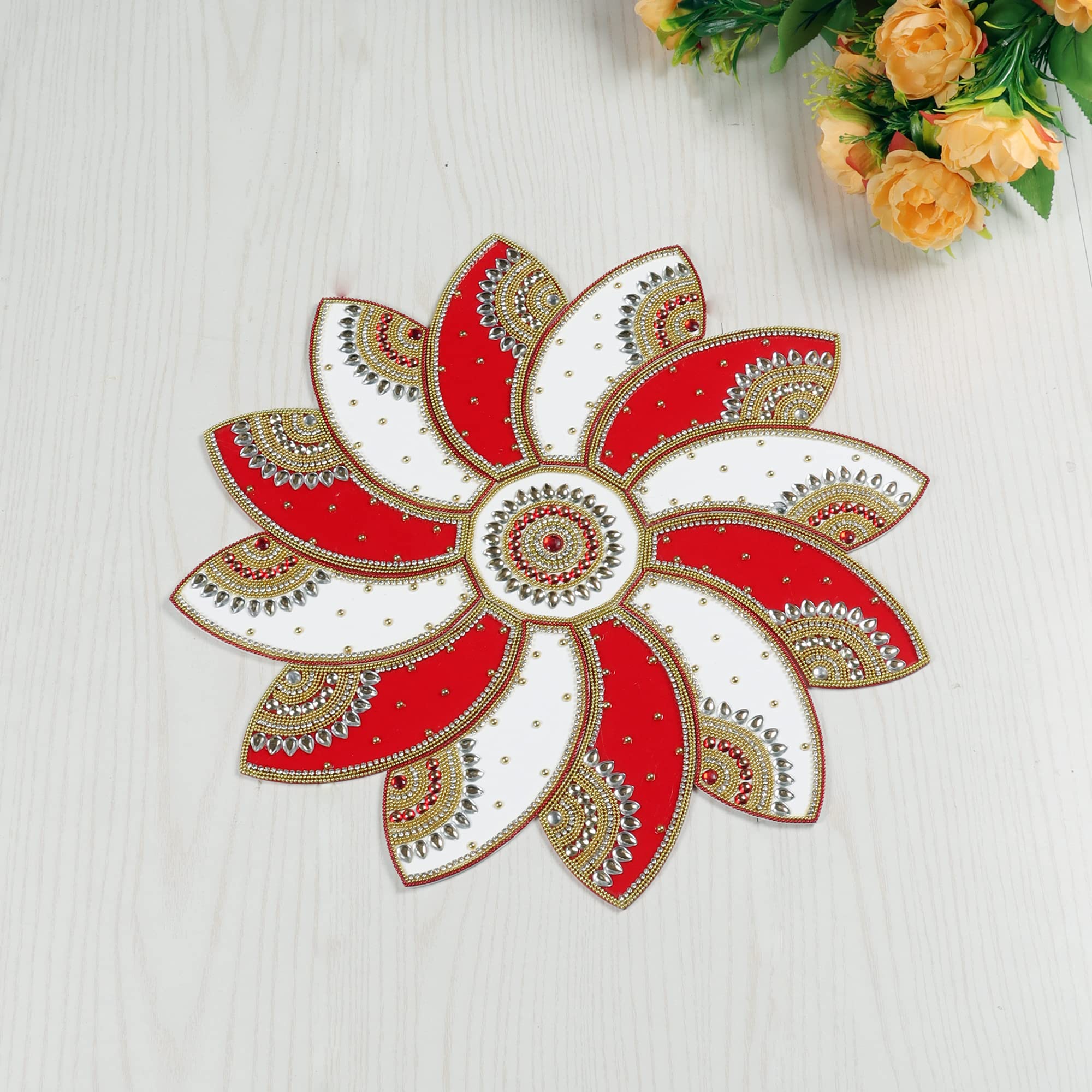 Itiha® Red & White Wheel Rangoli Indian Decor for Wall, Floor & Table Decoration for Christmas and Diwali - 13 Piece Handmade(15 inches)