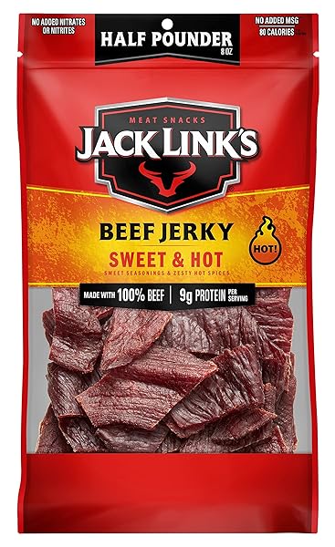 JACK LINK’S BEEF JERKY, SWEET & HOT, HALF POUNDER LARGE JERKY BAG – FLAVORFUL MEAT SNACK, READY TO EAT PROTEIN SNACKS WITH 9G OF PROTEIN PER SERVING, MADE WITH 100% BEEF