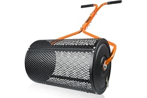 HANDNAM Compost Spreader, 24" Peat Moss Spreader, Lawn & Garden Spreader with Height Ajustable Handle, Anti-Rust Metal Roller Spreader with Mesh Basket, Side Clasps for Lawn Garden Spreading-Black