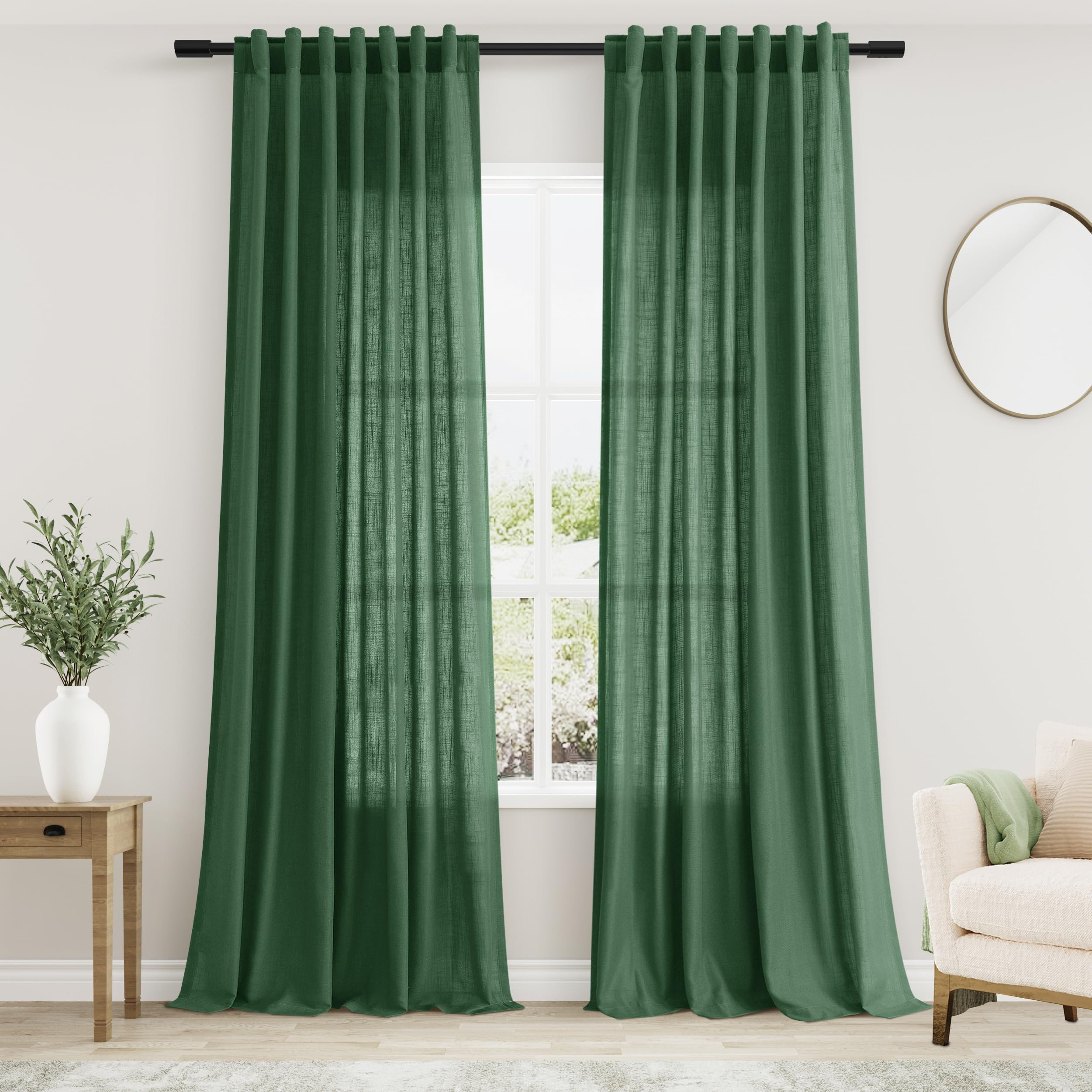 Photo 1 of Nanspring Green Boho Curtains for Bedroom Back Tab Rod Pocket Semi Sheer Linen Curtains 90 Inches Long 2 Panel Set Light Filtering Neutral Farmhouse Lightweight Drapes for Living Room 52x90