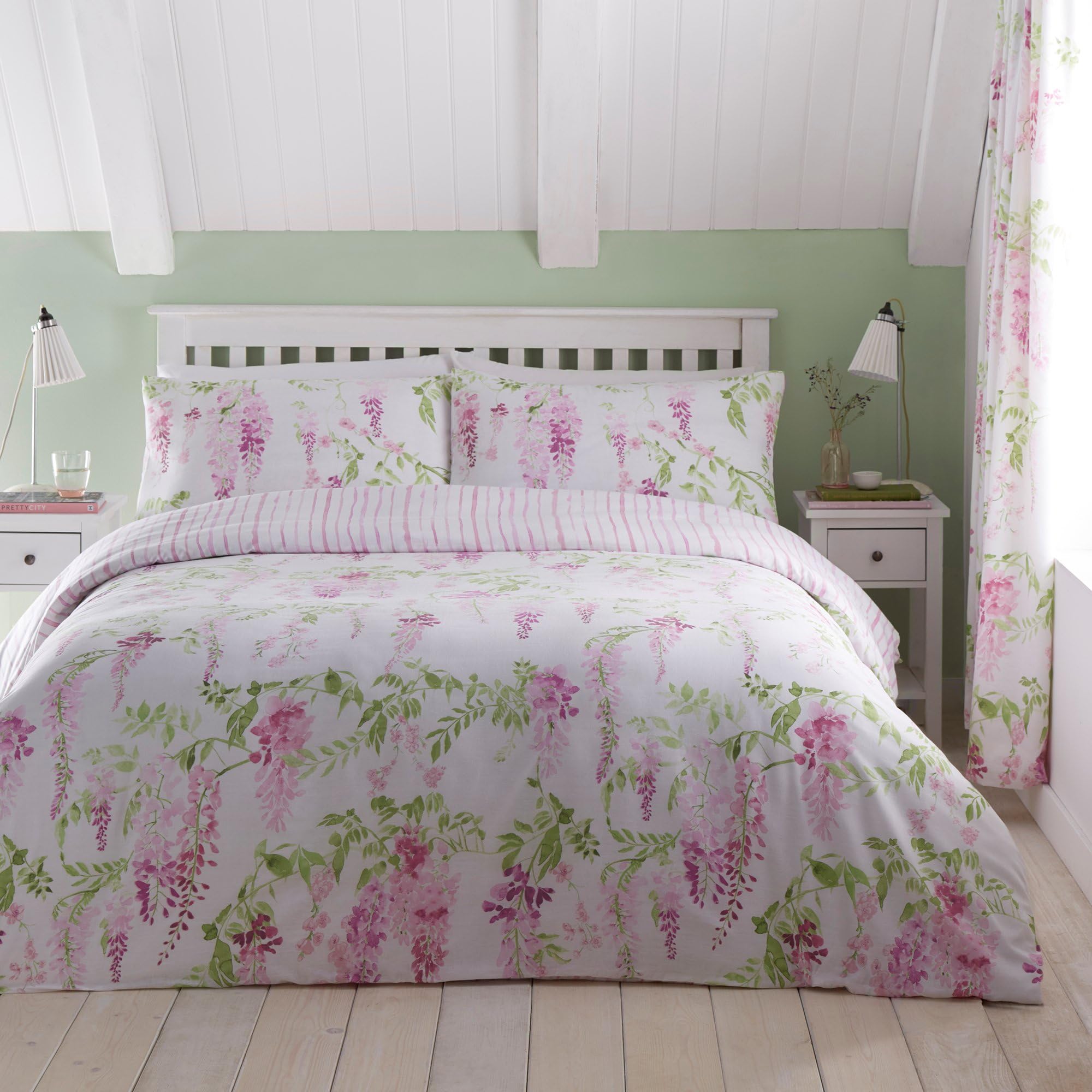 Dreams & Drapes - Pink Floral Wisteria Duvet Cover - Double Bedding Size (200 x 200cm) - Reversible Design (Purple Stripe) - Easy Care & Washable - Flower Duvet Cover in Wisteria