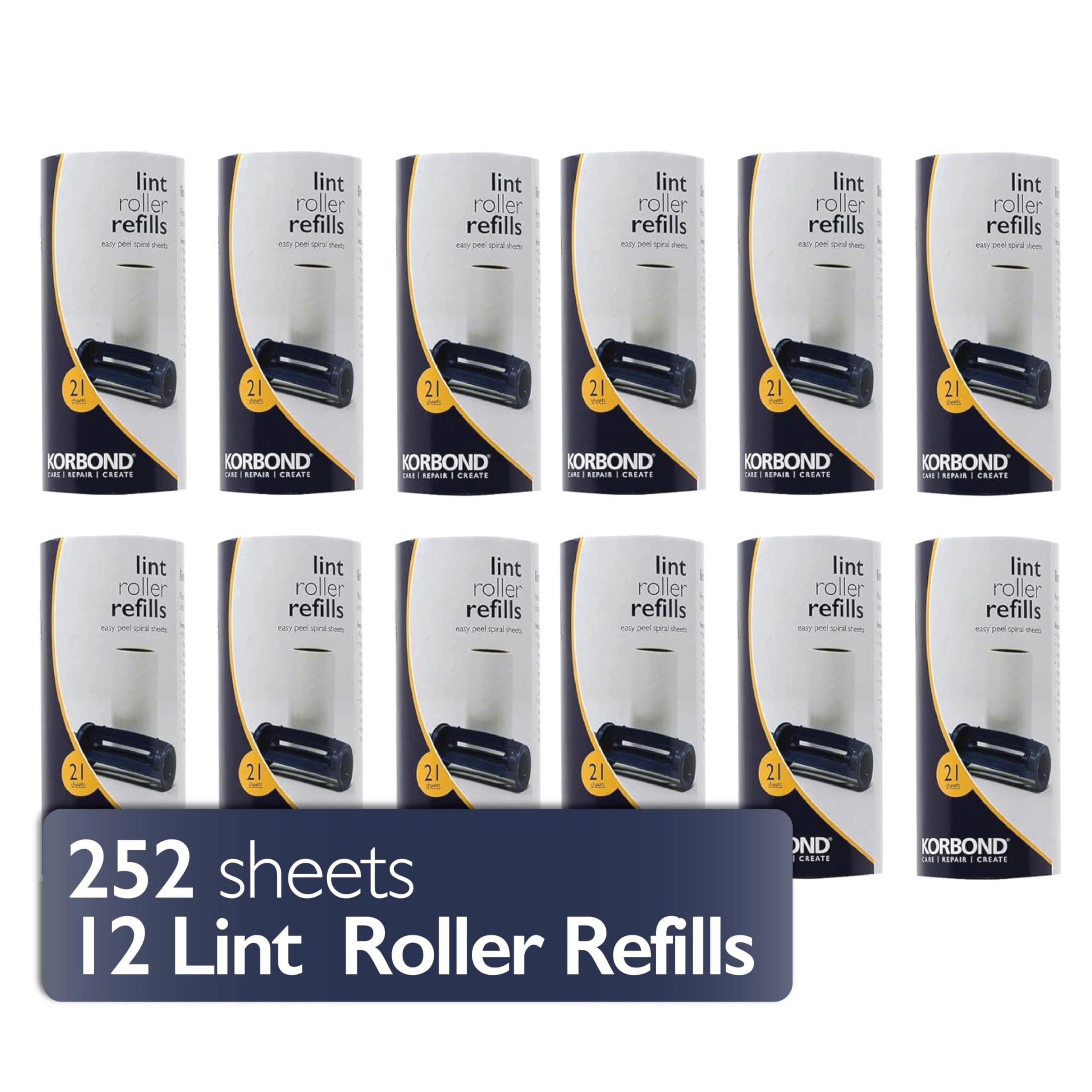 Korbond 12 Pack of Lint Roller Refills - 252 Pre-Cut Sticky Sheets - for ALL Fabric Types - Lint Rollers, Pet Hair Remover, Lint Roller Refills, Dog and Cat Hair Remover, Lint Removers for Clothes