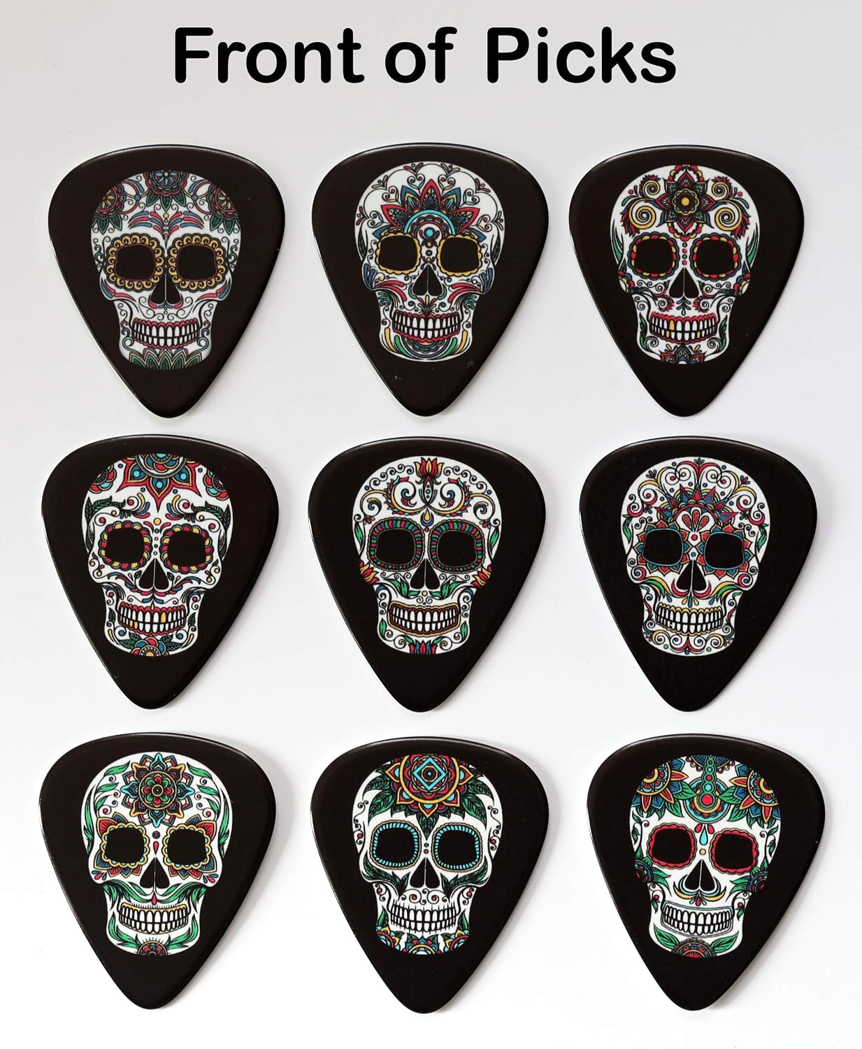 Sugar Skull Guitar Picks Set of 9 Double Sided Harmony Picks, Black, 0.71 millimeters - Image 3