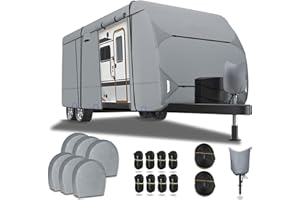 Richeer Housse de caravane de voyage 300D de 7,3 à 8,2 m, coupe-vent et anti-UV avec sac de rangement, housse de cric, housse