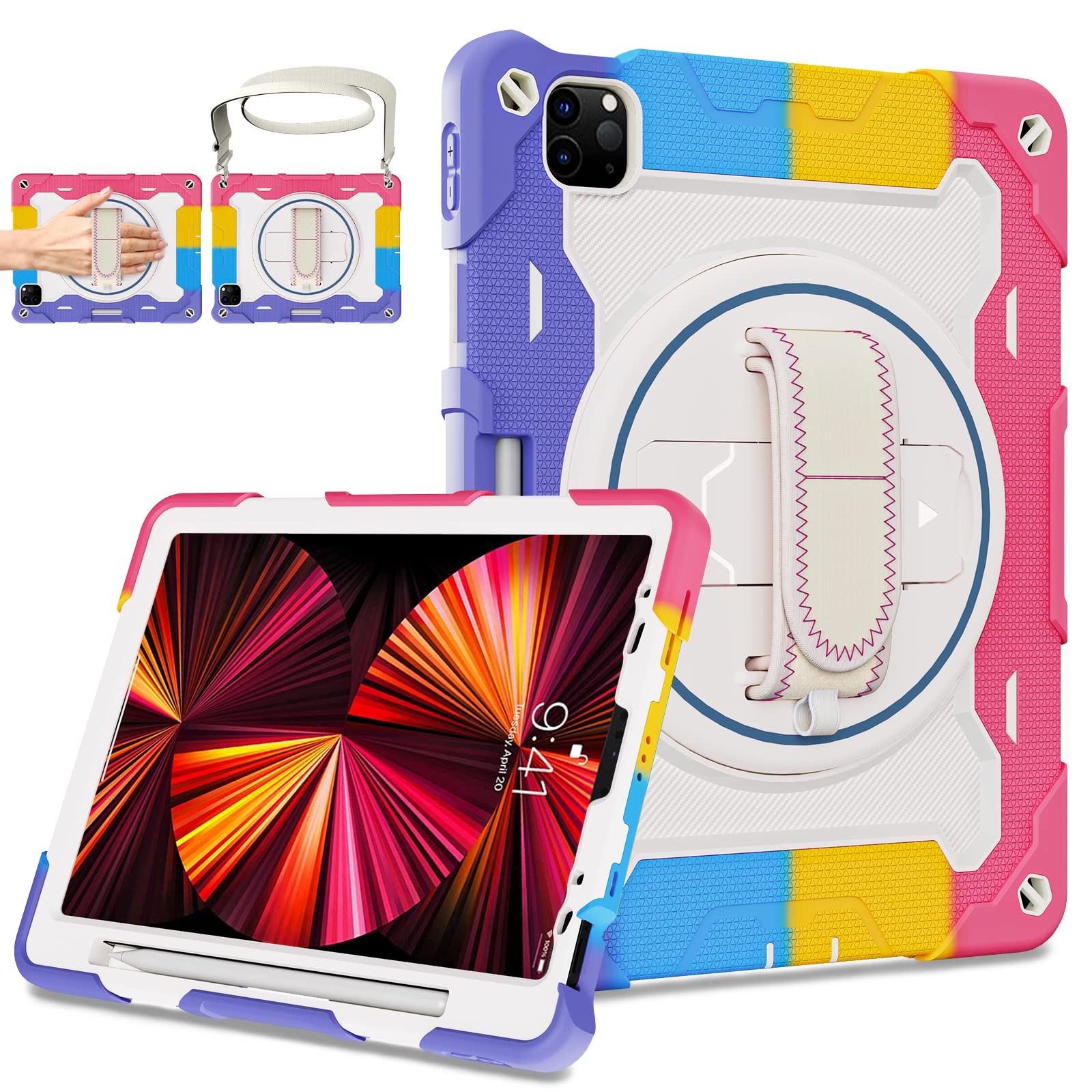 ROSROME for iPad Air 5th 4th Generation 10.9 inch Case,iPad Pro 11 Case 4th 3rd 2nd 1st Gen (2022 2021 2020 2018) for Kids with Screen Protector 360 Stand Hand Strap
