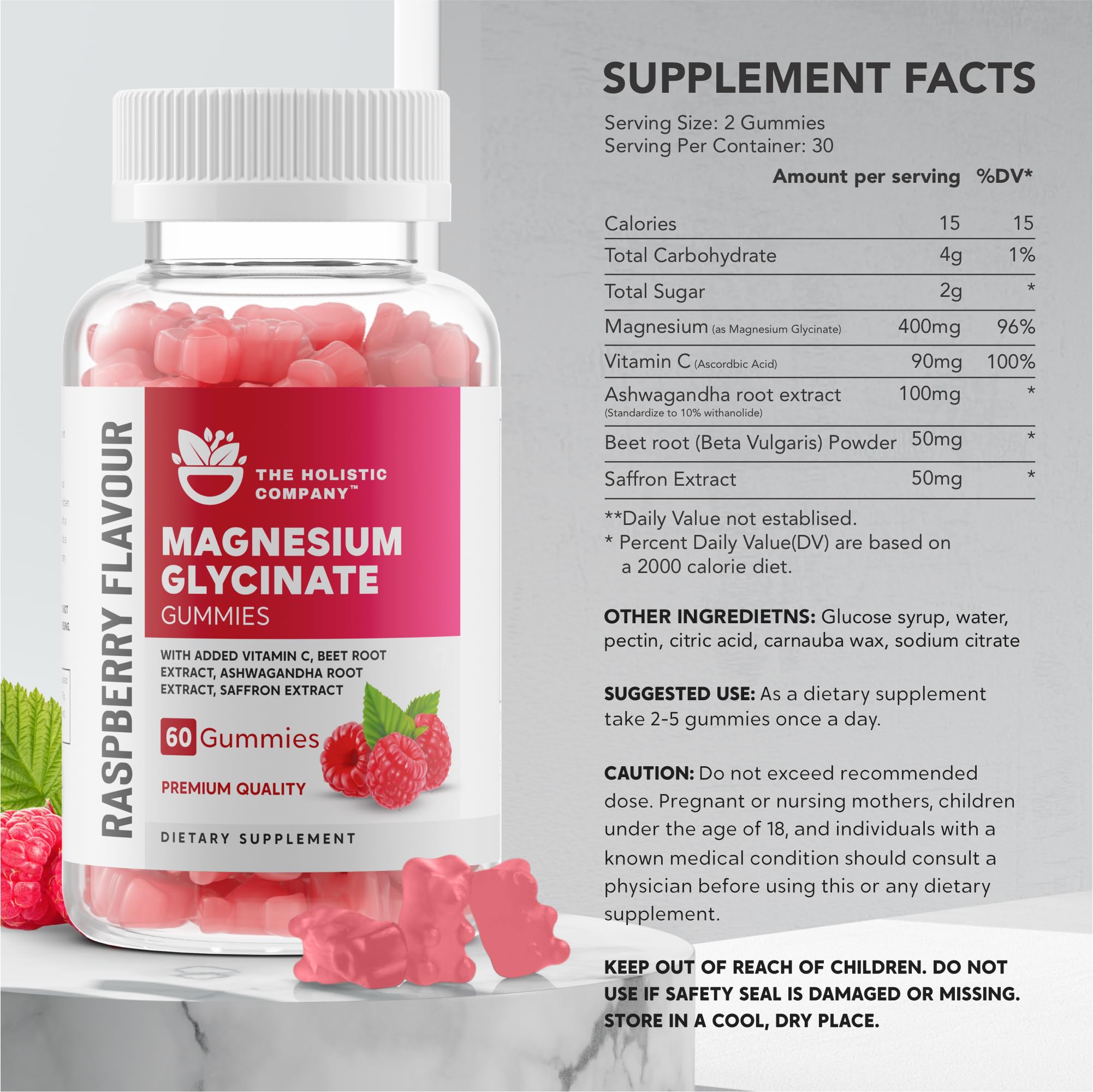 The Holistic Company Magnesium Glycinate Gummies 400MG for Adults & Magnesium for Kids - Premium Quality High Strength Magnesium Gummies