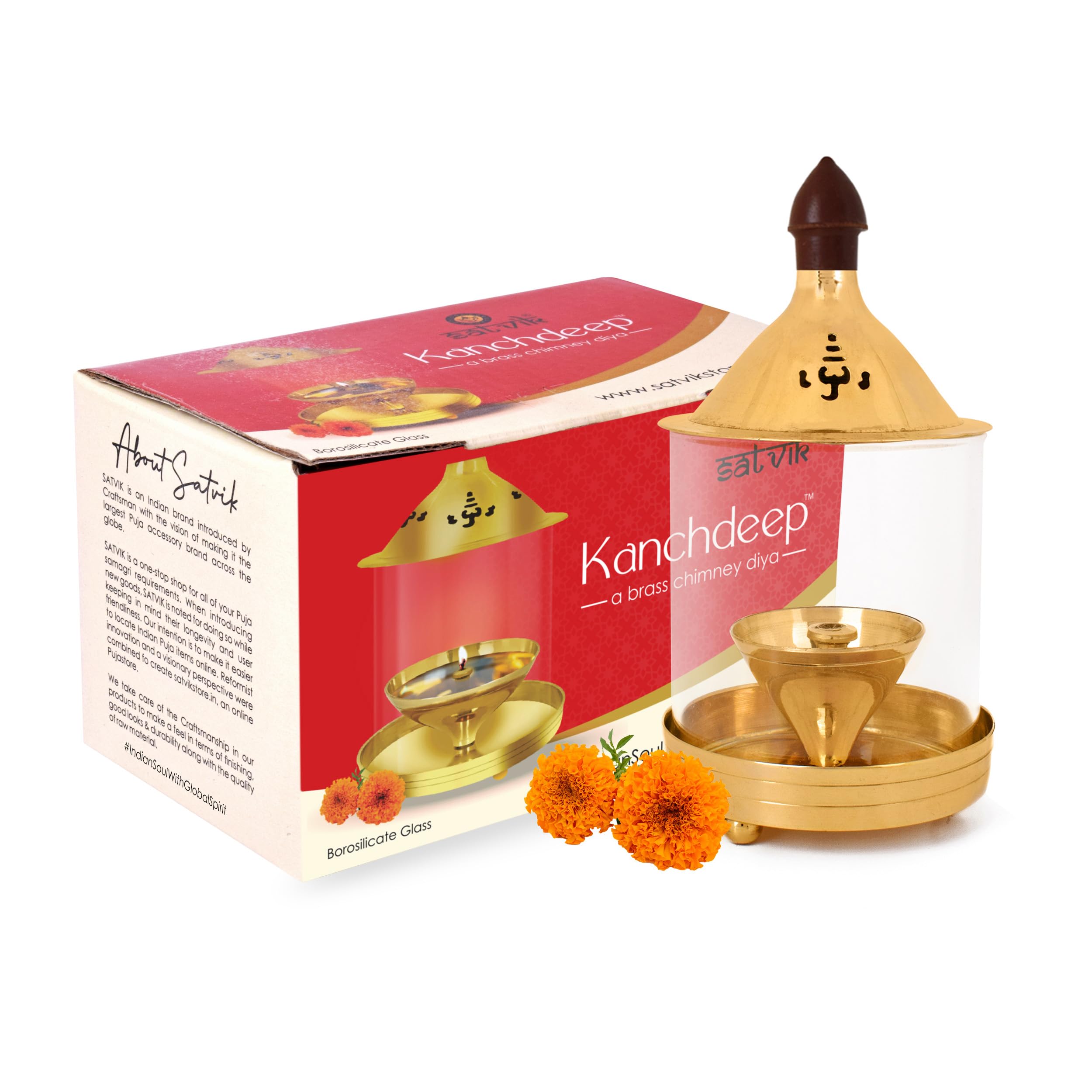 SATVIK 6.6 Inch Akhand Diya with Chimney Glass for Diwali Pooja. Decorative Brass Oil Lamp Whole Night Dia for Deepawali Decoration. Outdoor Mandir Decoration Housewarming Return Gift