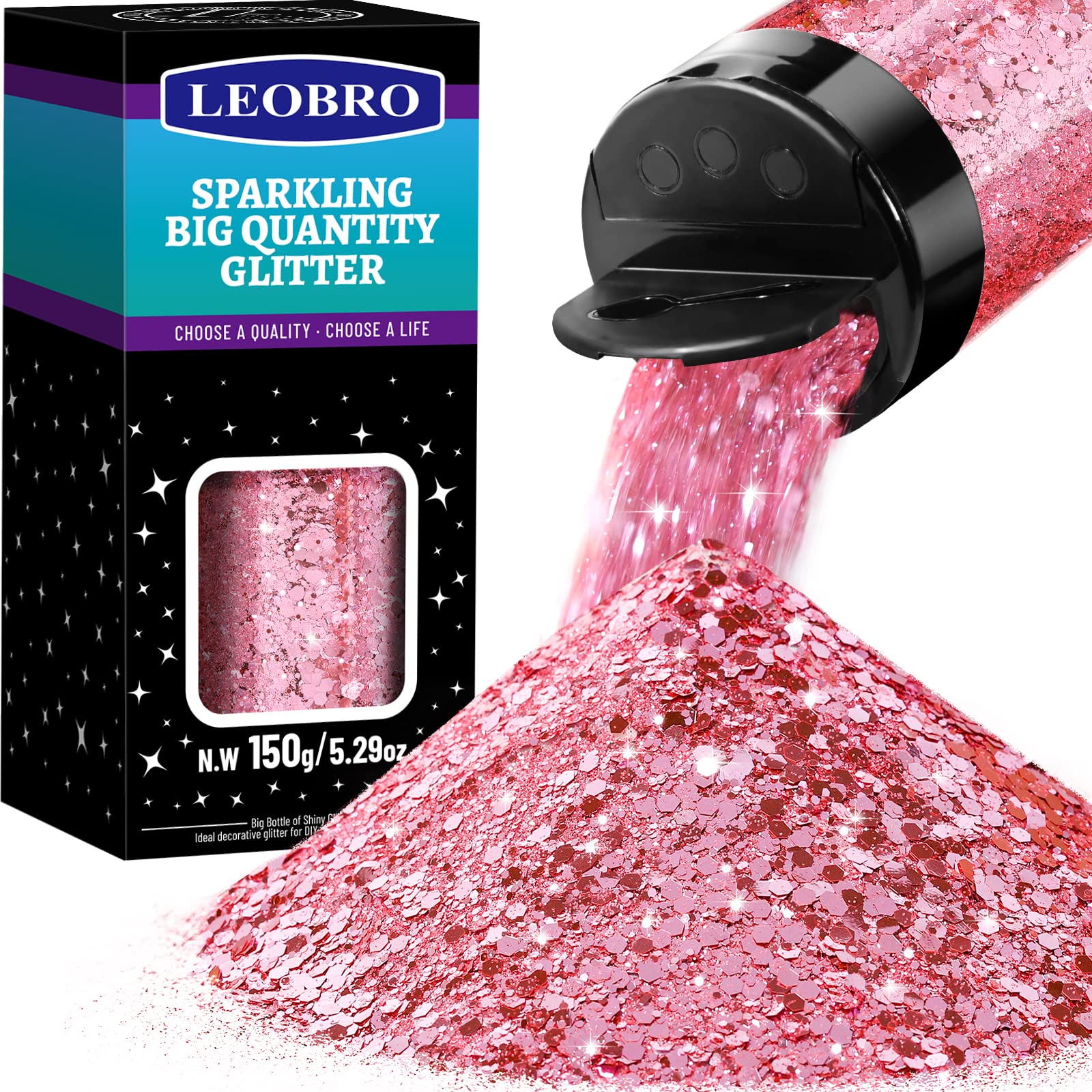 LEOBRO Pink Glitter, Fine & Chunky 150g/5.29oz for Resin, Epoxy, Bulk DIY 0.2mm/1mm/2.5mm