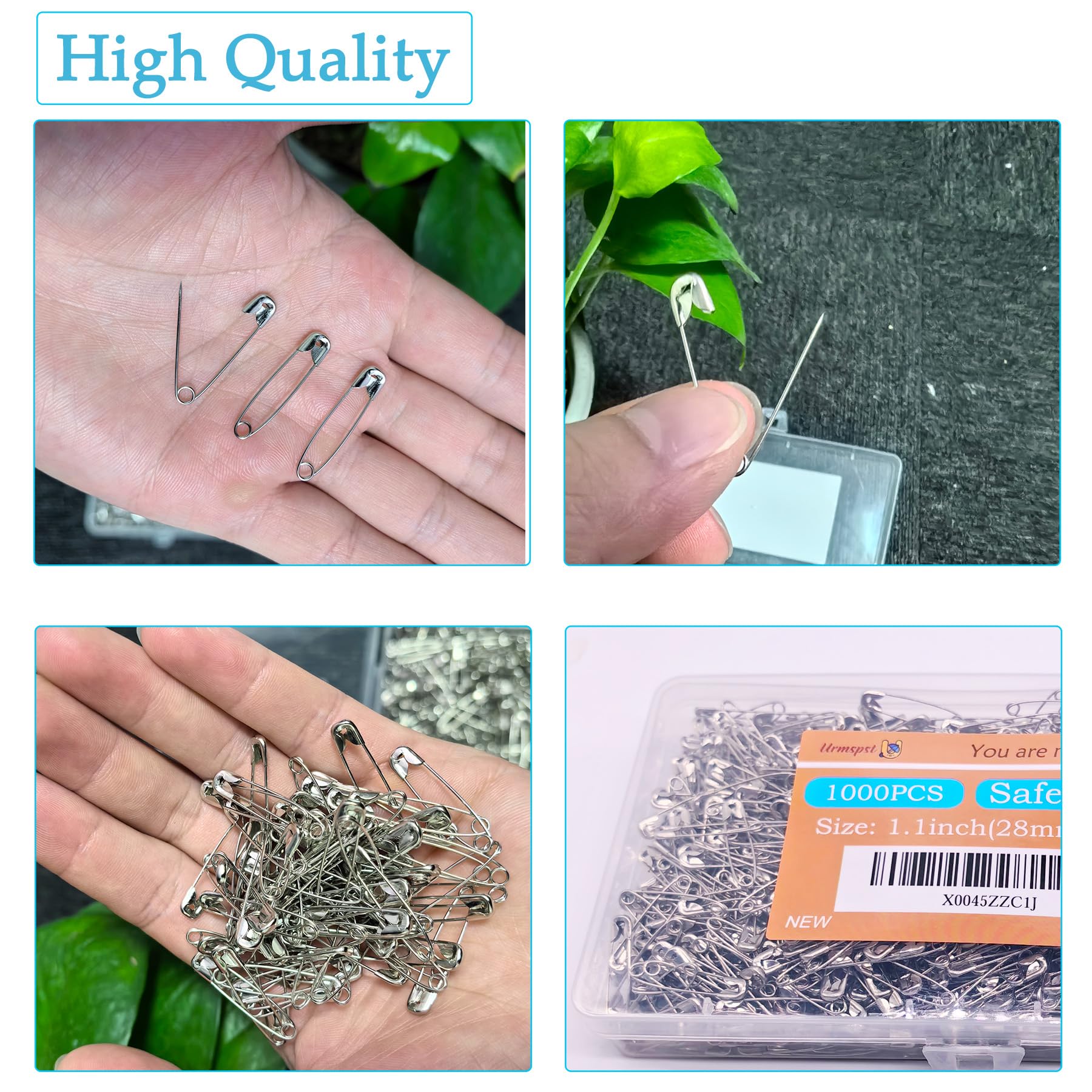 1000PCS Safety Pins, 1.1 inch Small Safety Pins, Rust-Resistant Nickel Plated Steel, Sharp Edge Safety Pin for Clothes, Sewing, Arts & Craft, 28mm Decorative Safety Pins (Silver)