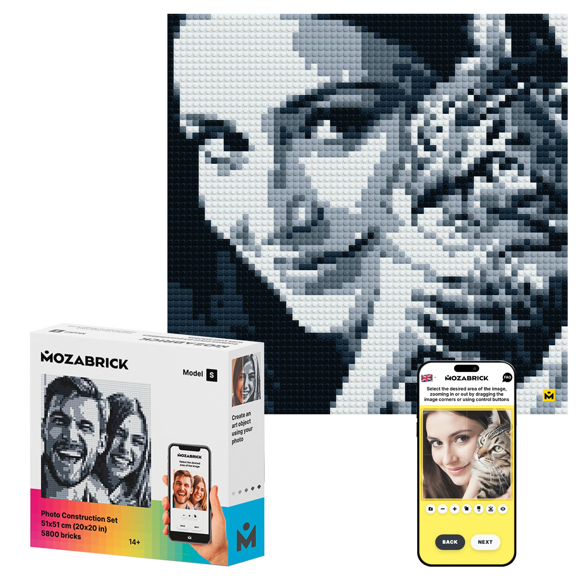 MOZABRICK Set S- Klemmbaustein Mosaik Foto Bausatz, personalisiertes Geschenk, Benutzerdefiniert, Bild Baukasten, Bauset, Pixel Art Kunst Steckbaustein Gemälde