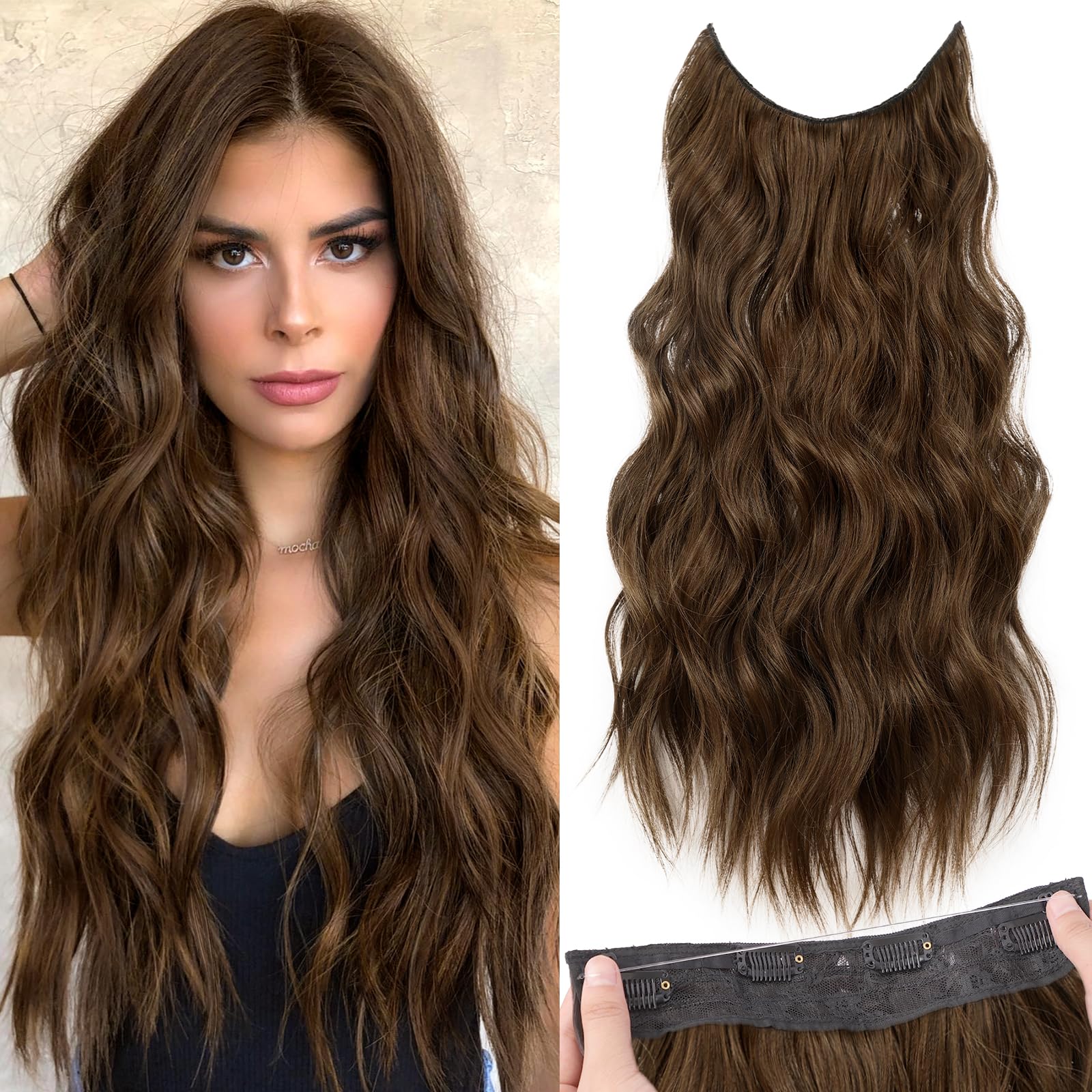 Photo 1 of KooKaStyle Invisible Wire Hair Extensions with Transparent Wire Headband Adjustable Size 4 Secure Clips Long Wavy Hairpiece 20 Inch Medium Brown for Women