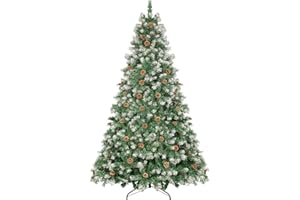 MSPRLS 9ft Flocked Christmas Tree with Decorations (2100 PVC Branch Tips & 88 Pine Cones), Artificial Green and White Slight Flocking Xmas Tree with Metal Hinges & Base | Add Holiday Touch to Home Party