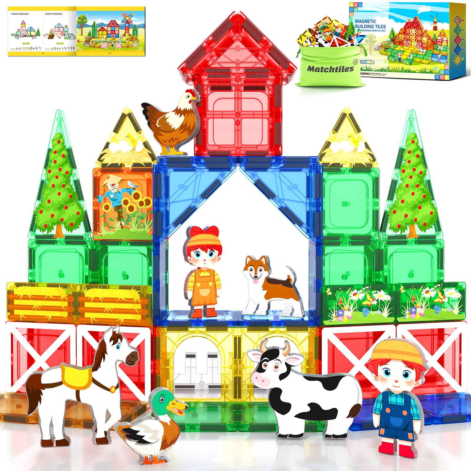 Magnetic Tiles Farm Animals Set, Immersive Storytelling Building Blocks for Toddlers 3-5, 3D Farm House STEM Toys with UV-Printed Realistic Animals, Compatible with All Major Brands
