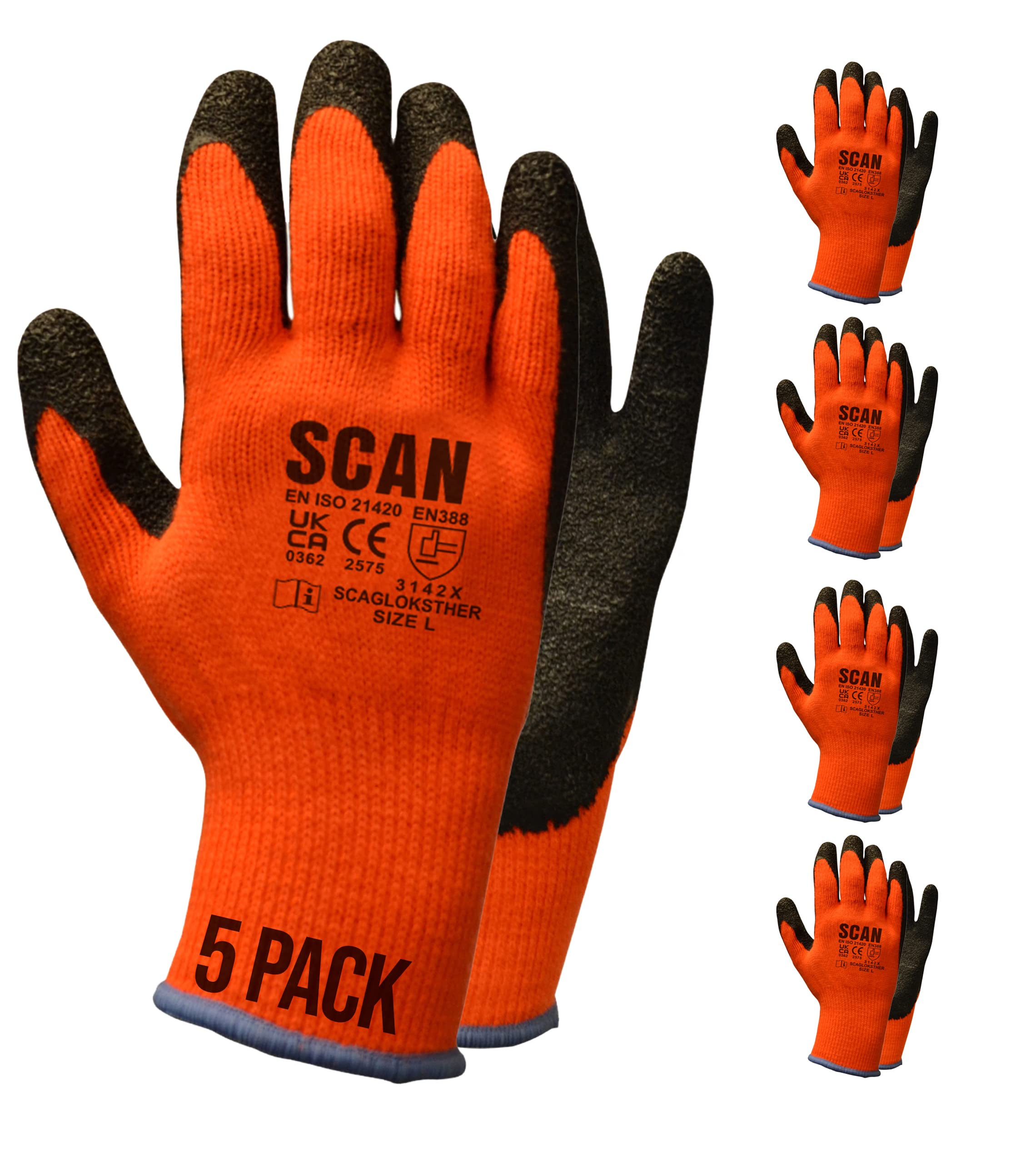Scan SCAGLOKSTH5M Knitshell Thermal Latex Coated Gloves - Orange - Size 8 (5 Pairs)