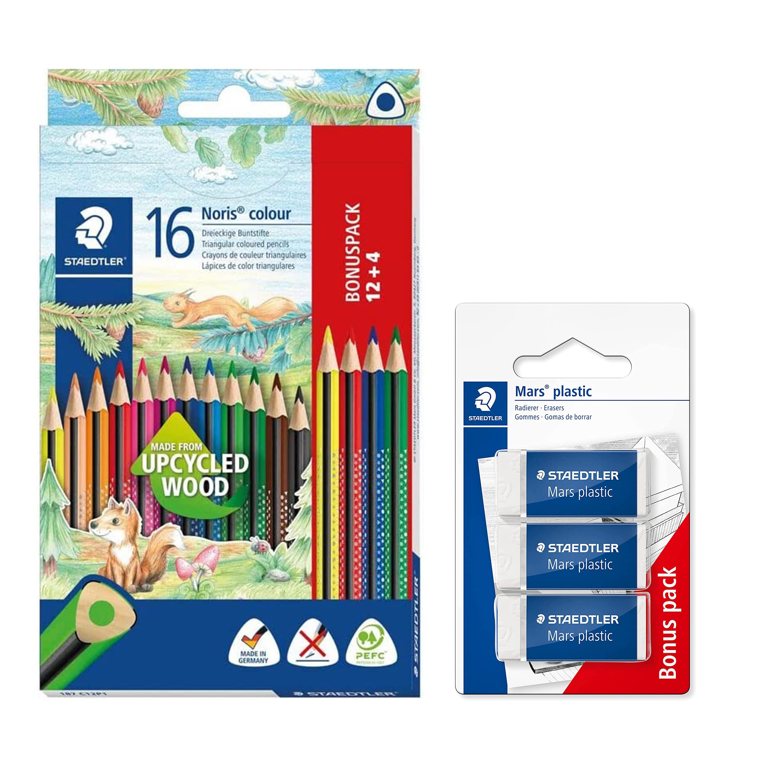 STAEDTLER Noris Colour Coloured Pencils, Pack of 16, Increased Break Resistance, Triangular Shape, Ergonomic Soft Surface and 3 Mars Plastic Erasers