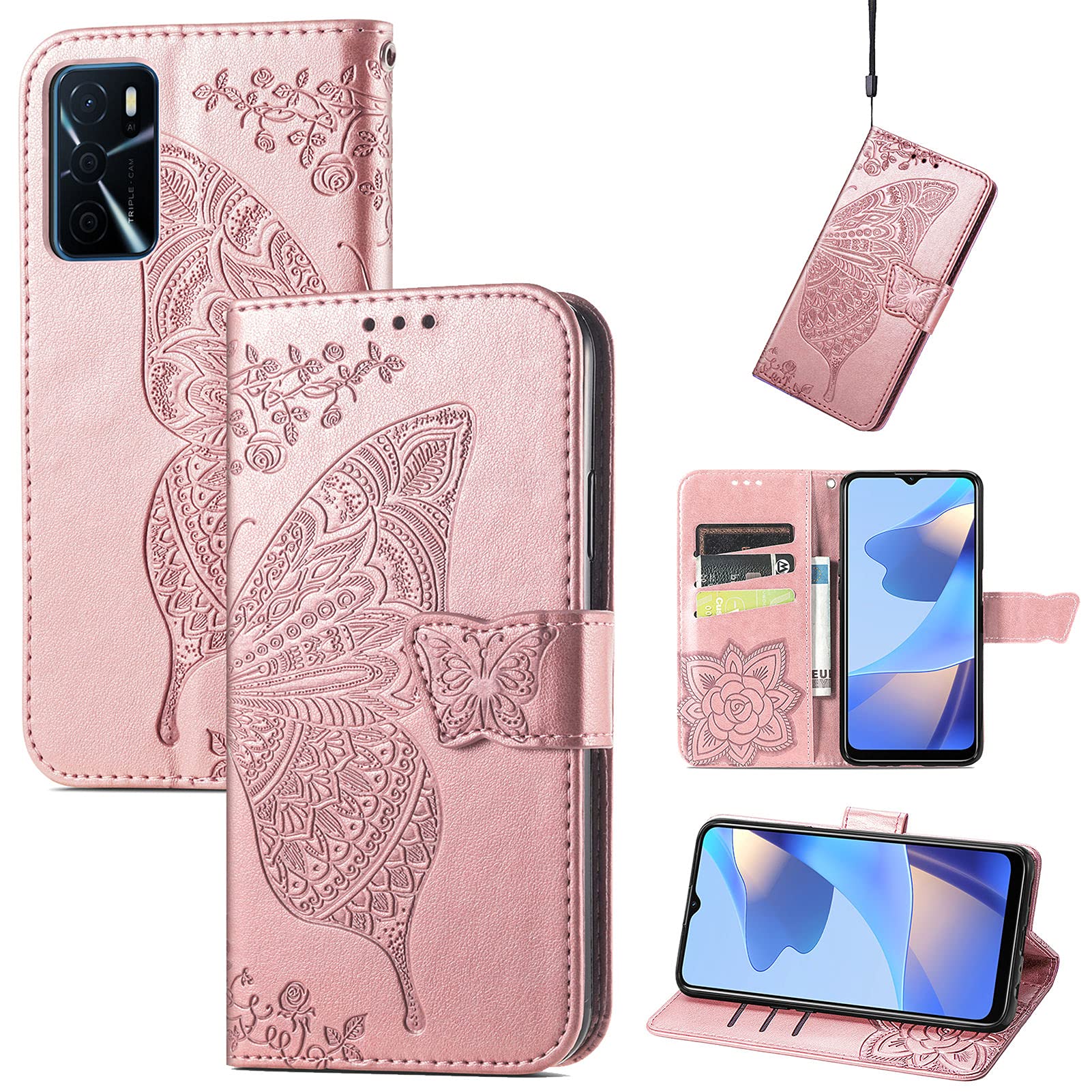 JIUNINE Case for OPPO A16 / A16S / A54S, Leather Wallet Case Flip Cover with Butterfly Embossed Pattern [Card Holder] [Magnetic Closure] [TPU Inner Shell] for OPPO A16 / A16S / A54S, Rosegold