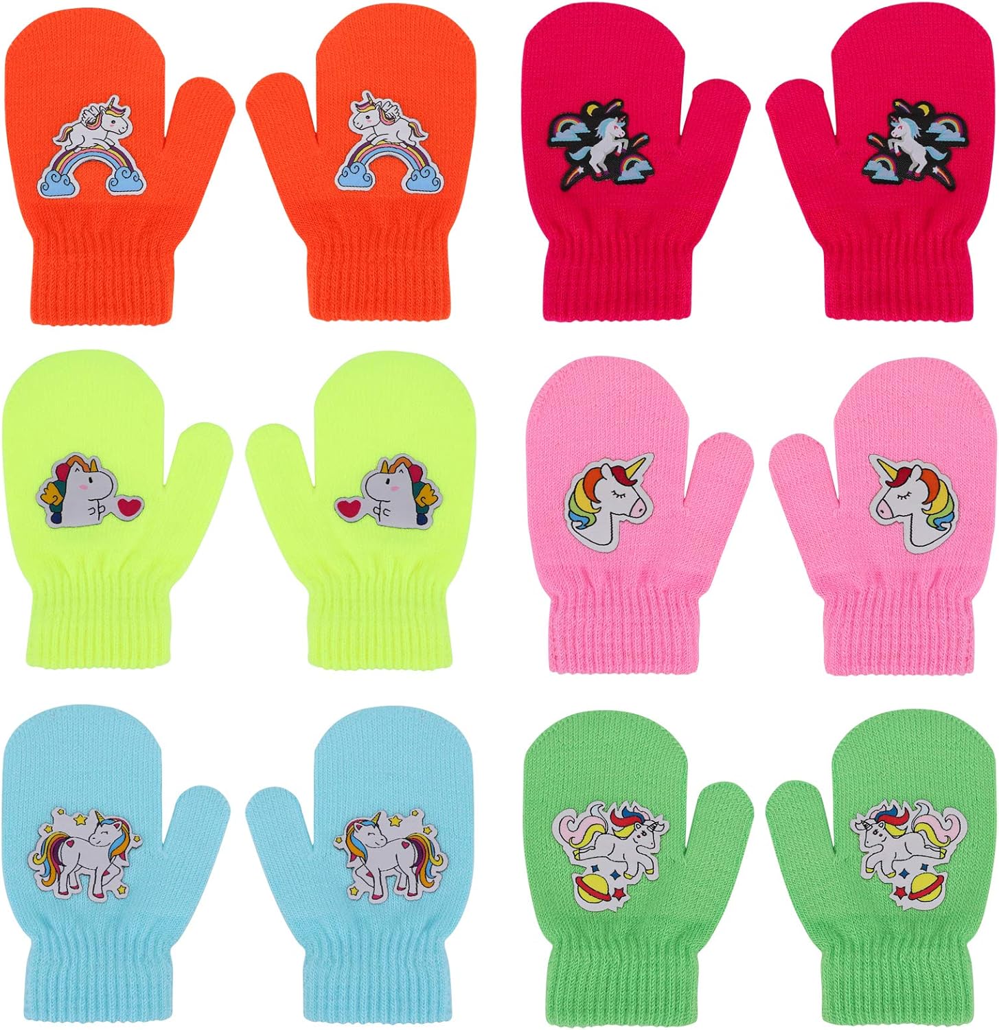 QKURT 6 Pairs of Kid's Mittens,Unicorn Pattern Winter Baby's Gloves