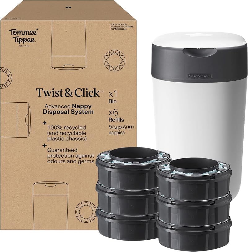 Tommee Tippee Twist and Click Nappy Bin Starter Set 6x Refills Multilayer