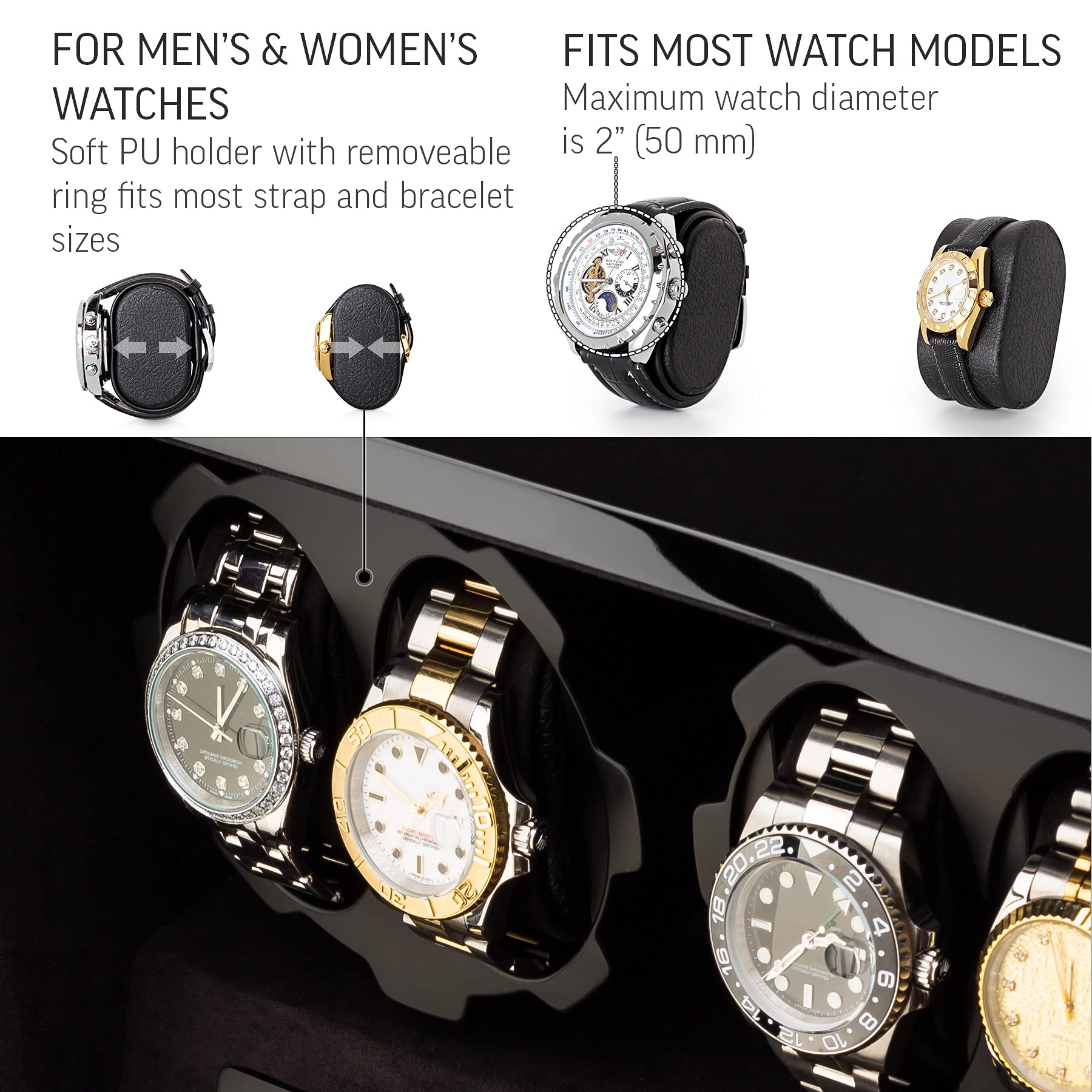 4 Watch Winder with 5 Watch Storage Space, LCD Display, Touch Control and Interior Light