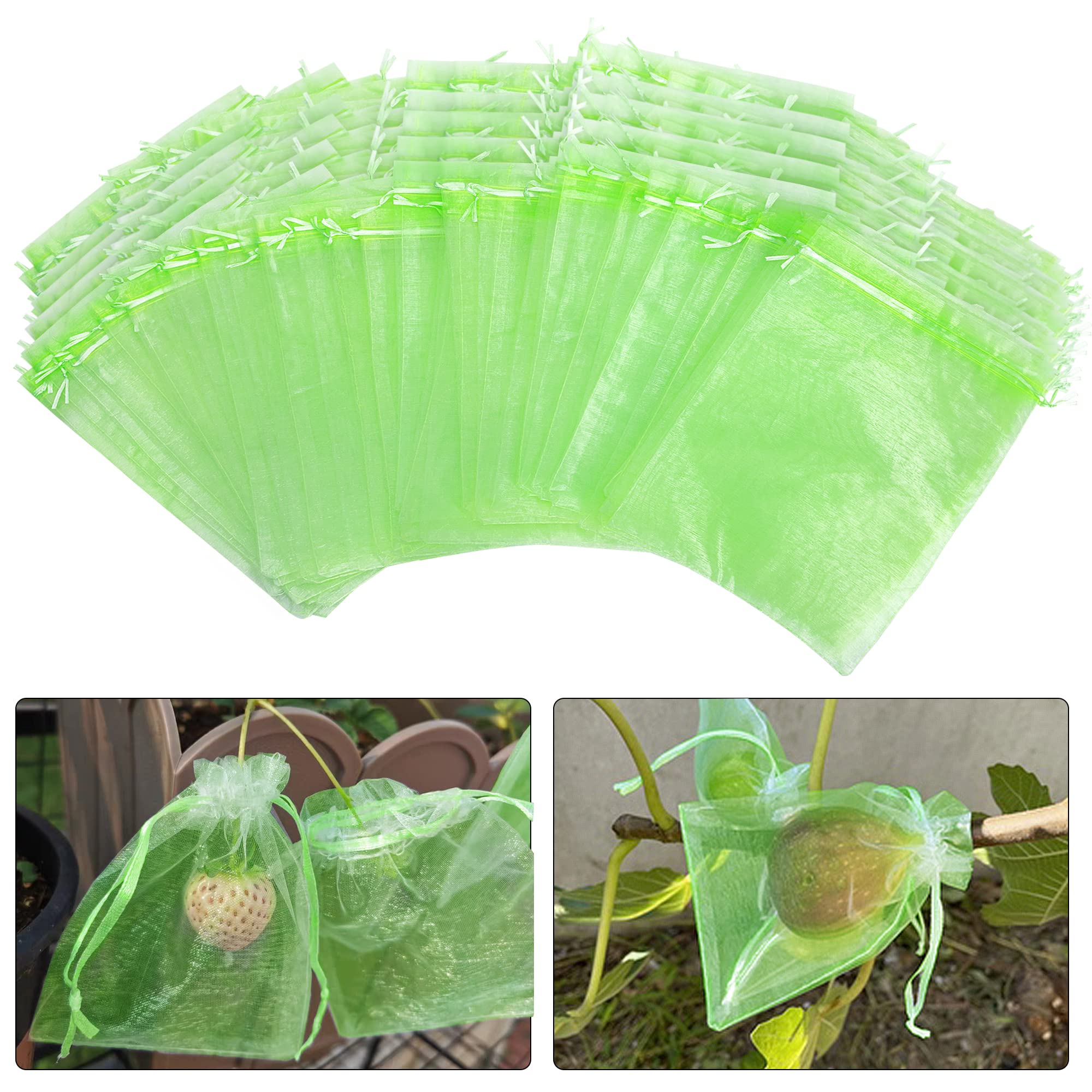 Photo 1 of 6x8 Inch 100 Pieces Green Fruit Protection Bags- Fruit Netting Bags with Drawstring,Garden Fruit Cover Mesh Bag to Protect Plants from Pest Birds Squirrels