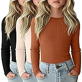 LessonZoo 3 Pack Girls Long Sleeve Shirts Ribbed Knit Cotton Layering Tops Slim Fit Crewneck Casual Undershirts