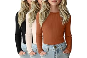 LessonZoo 3 Pack Girls Long Sleeve Shirts Ribbed Knit Cotton Layering Tops Slim Fit Crewneck Casual Undershirts