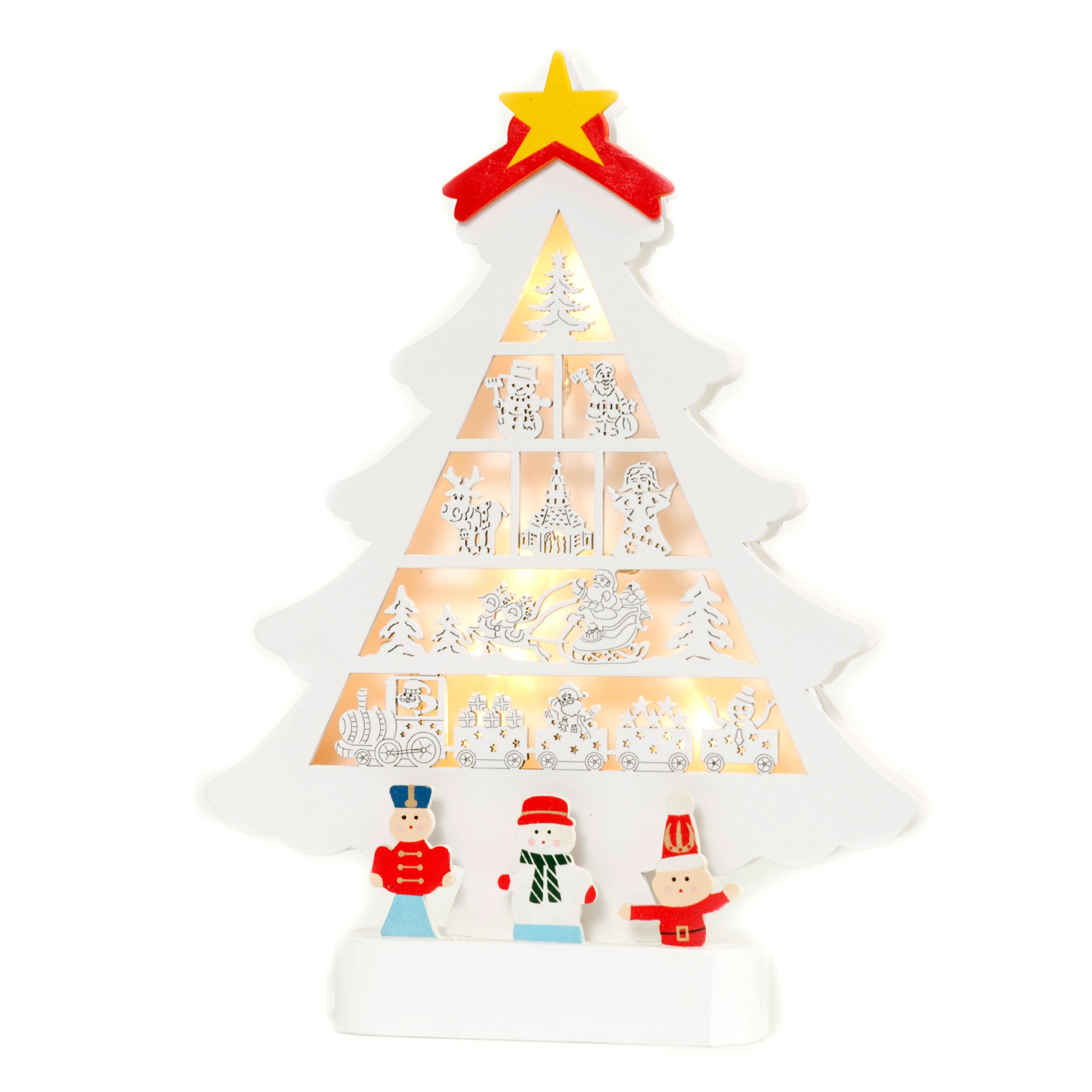 WeRChristmas Pre-Lit Wooden Christmas Tree Decoration with 5 Warm White LED Lights - 28 cm, Multi-Colour