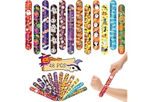 Kreyfer 48 Pieces Halloween Slap Bracelets Bulk Party Favors for Kids - 12 Designs Spooky Snap Bands, Trick-or-Treat Goodie Bag Fillers, Classroom Prizes Accessories, Wrist Decorations Gifts Supplies