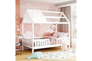 MERITLINE Kids House Bed Twin Size, Wooden Twin Kids Bed Frame with Roof and Fence, House Twin Bed for Kids, Teens, Girls, Boys, No Box Spring Needed (Twin, White)