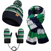 Kids Winter Pompom Beanie Hat Scarf Gloves Set for Boys&Girls Age 3-8, Fleece Lined Skull Cap Neck Warmer Mitten Set