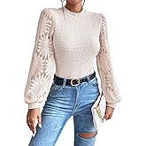BLENCOT Womens Casual Crochet Top Mesh Lace Long Sleeve Shirts Waffle Knit Blouse Crewneck Shirt Fall Womens Tops Pullover