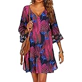Ekouaer Women's Swimsuit Cover Up 3/4 Bell Sleeve Beachwear Coverups Deep V-Neck Bikini Beach Dress S-3XL