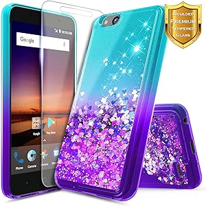 ZTE Glitter Liquid Quicksand Case Compatible ZTE Blade Vantage/Fanfare 3 /Avid 4 /Tempo X/AVID (557)/ZFive G/ZFive C LTE (Z557BL,Z558VL)/Tempo GO w/[Tempered Glass Screen Protector]-Aqua/Purple