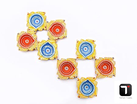 TEDTECH Traditional Swastik Clay Diyas for Diwali Decorations/Colourful Hand Painted Puja Terracotta Diya/Festivals Candles Diya(Set of 4)