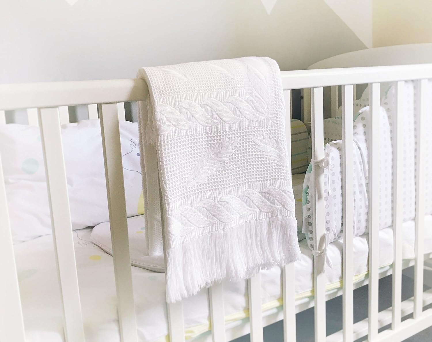 Baby White Blanket Fern Pattern Baby Shawl with Fringe New Baby