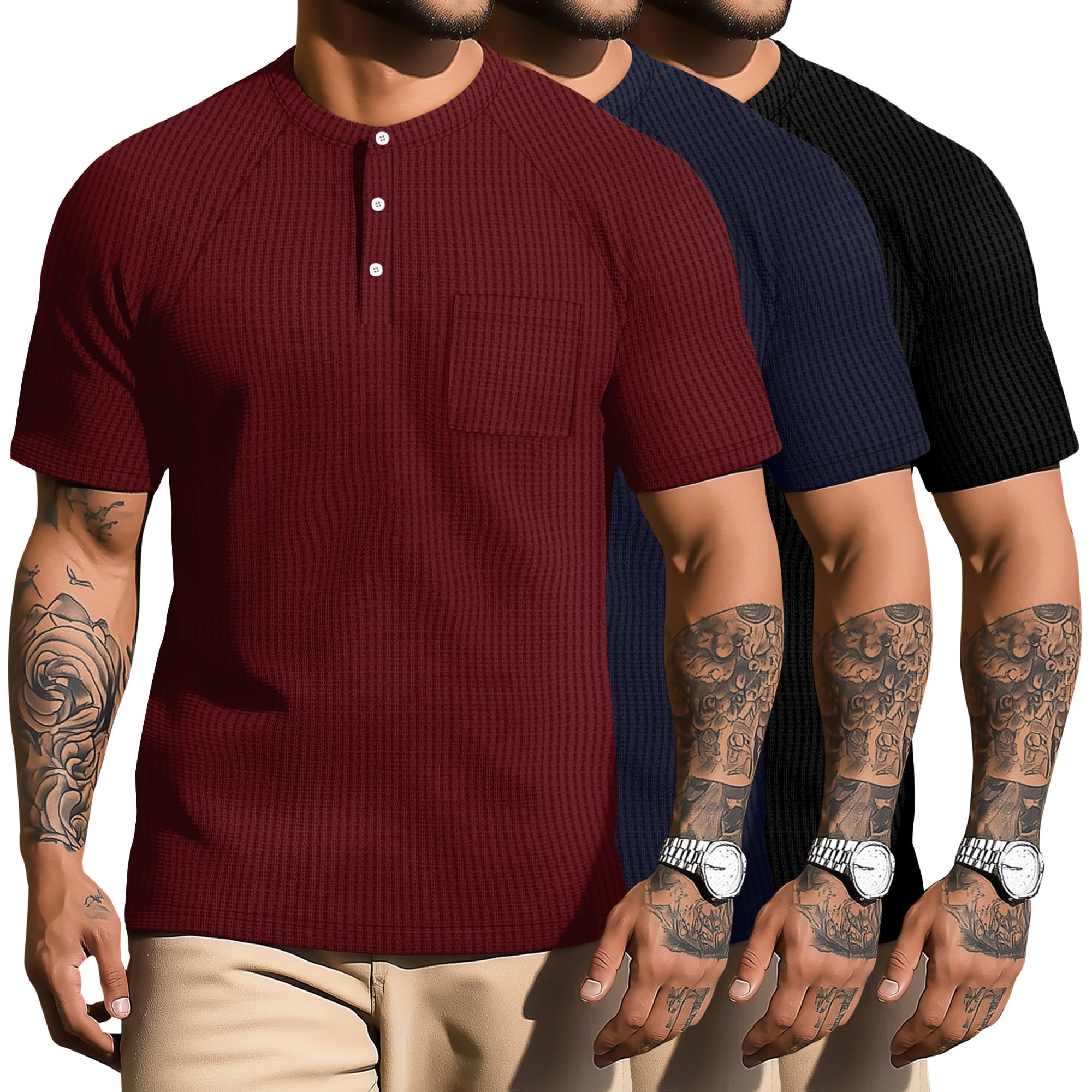 Photo 1 of Evervibe 3 Pack Men's Waffle Knit Shirts Raglan Short Sleeve T Shirts with Pocket Casual Tops(Red, Navy Blue, Black,Large)
