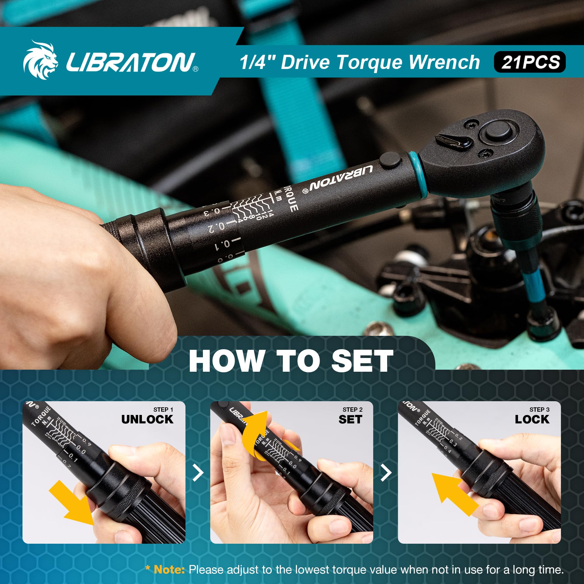 LIBRATON Drehmomentschlüssel 1/4", 2-14Nm, 72-Zahn-Drehmomentschlüssel, Mikroeinstellung auf 0,1Nm, Sechskant & Torx Schlagbits, Steckschlüssel, Schlag- auf 1/4-Sechskant-Konverter, Fahrrad-Reparatur 4