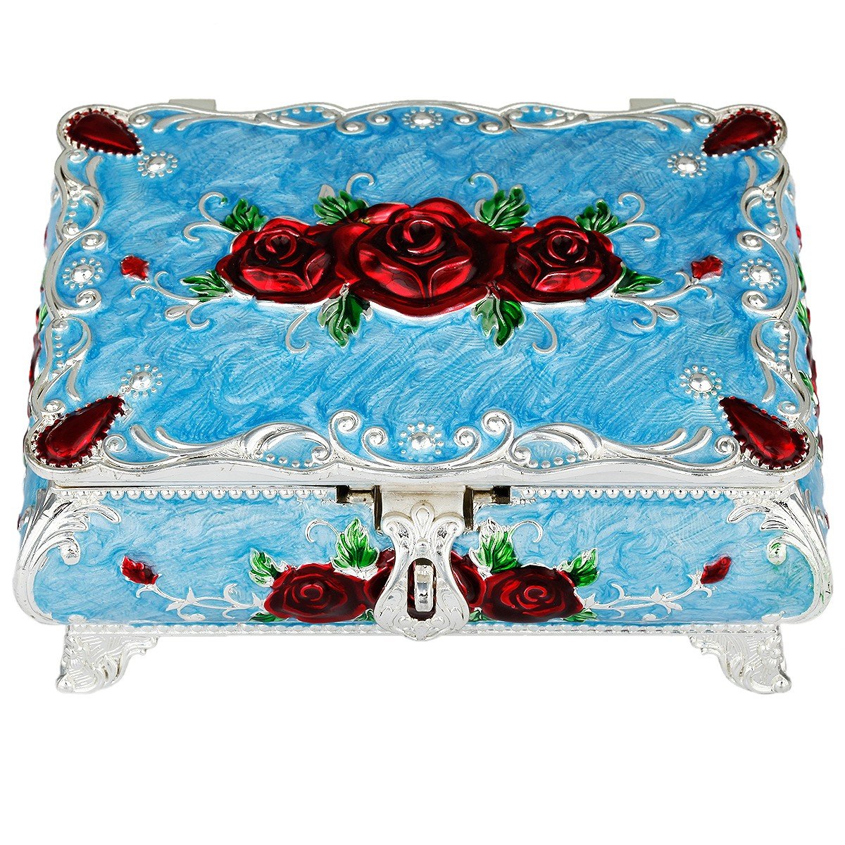 mookaitedecor 13cm Metal Vintage Jewellery Trinket Storage Box Case Small with Mirror, Aesthetic Jewellery Box Gift for Women Girl for Storing Earrings Ring Bracelet Necklace, Red Rose Flower