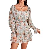 LYANER Women's Floral Print Off Shoulder Long Sleeve Ruffle Hem Romper Short Jumpsuit