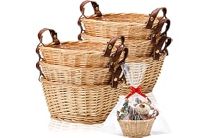 Sintuff 6 Pcs Small Wicker Basket for Gifts, Empty to Fill Chocolate Nuts Cookies Fruits with Handle, Clear Cellophane Wrap Bags and Red Pull Bows for Christmas