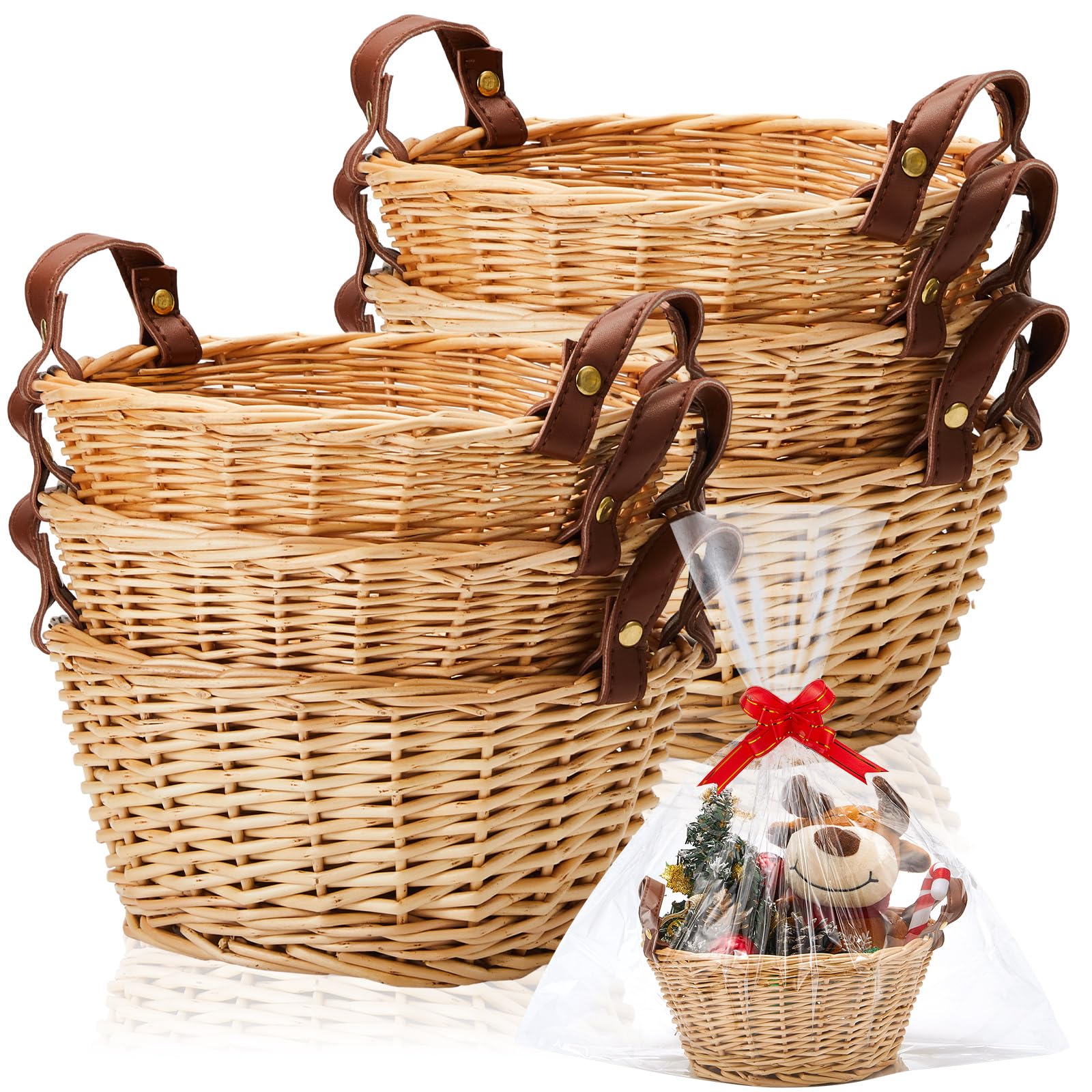 Photo 1 of Sintuff 10 Pcs Small Wicker Basket for Gifts, Empty to Fill Chocolate Nuts Cookies Fruits with Handle, Clear Cellophane Wrap Bags and Red Pull Bows for Weddding, Baby Baptisms, Mother's Day