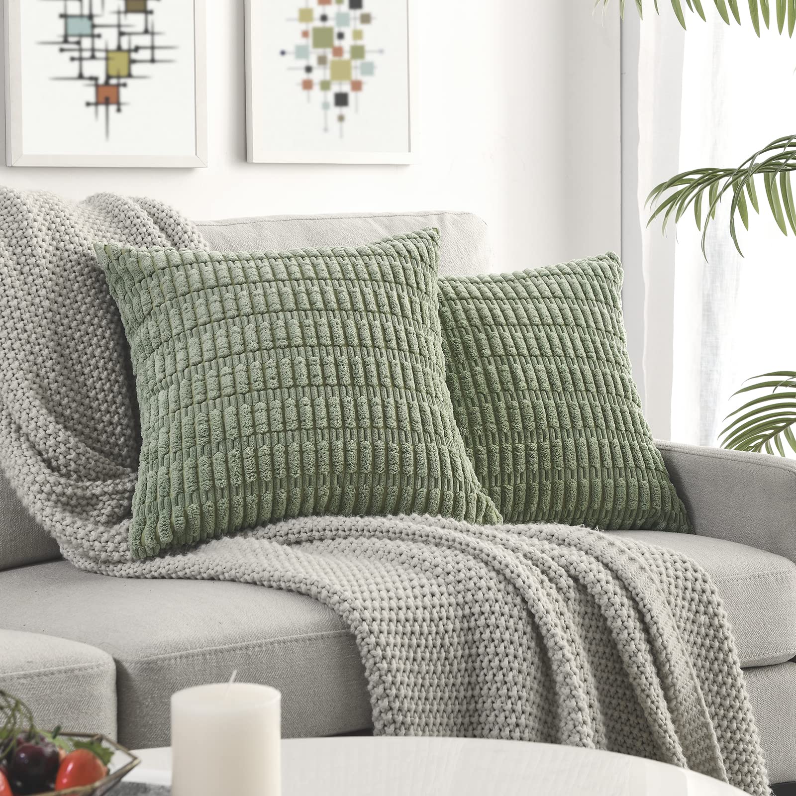 Volcanics Pack of 2 Sage Green Decorative Throw Pillow Covers 18x18 Inch (45x45cm), Soft Corduroy Striped Square Cushion Cases, Modern Farmhouse Boho Home Decor for Spring Couch Bed Sofa Living Room — image 1